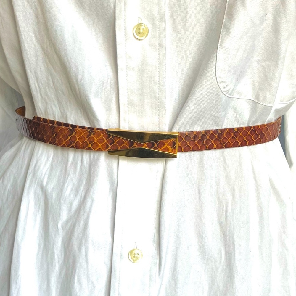 Vintage Genuine Snakeskin Skinny Belt with Gold Buckle